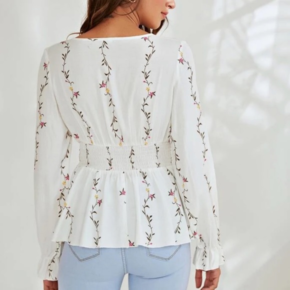 Floral print surplice neck  peplum long sleeve top - Picture 5 of 6